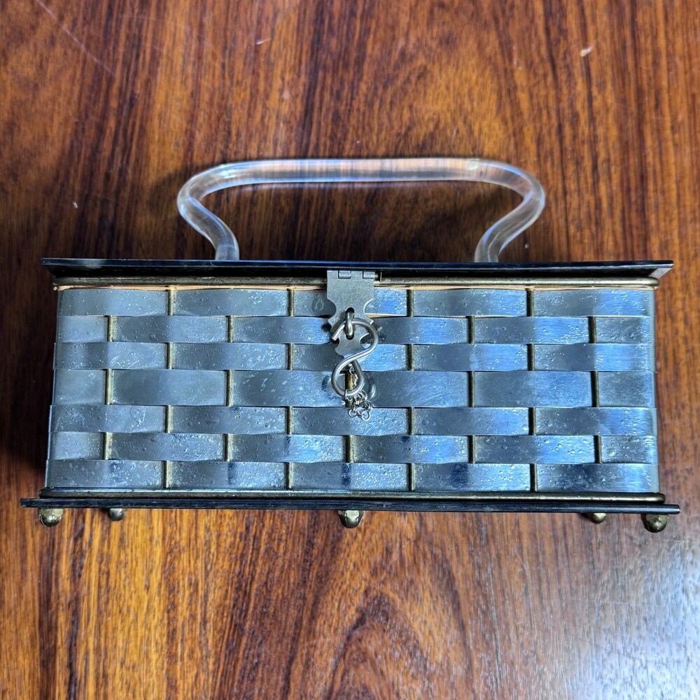 Vintage 1950s Lucite and Metal Basketweave Box Purse Unsigned Dorset MCM